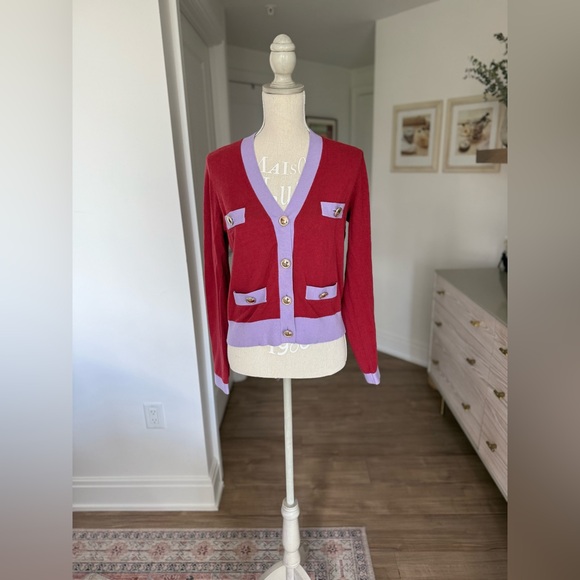 Ann Taylor Vibrant Red Cardigan with Purple Trim - Picture 1 of 5